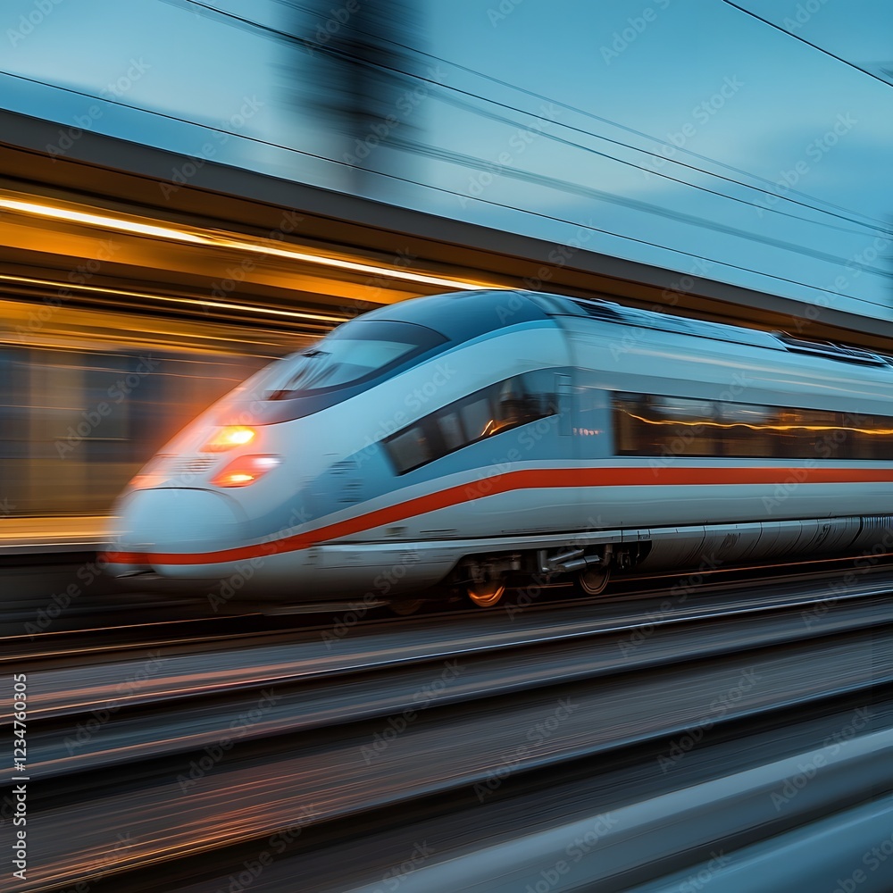 Fototapeta premium Speeding Train Cutting Through Industrial Backdrop with Raw Energy and Power