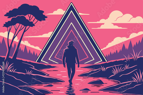  Silhouette of a person walking, giant neon triangle portal, surreal landscape, reflective water surface, vibrant sunset sky, pink and blue color palette, dreamy atmosphere, sci-fi aesthetic, synthw