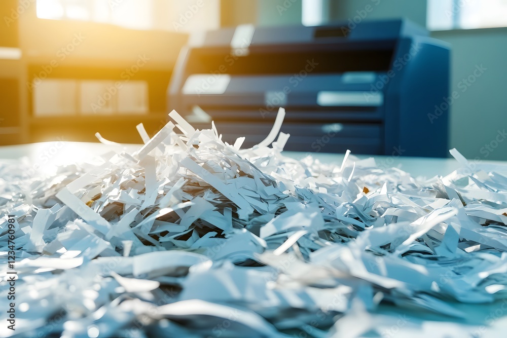 Shredded Confidential Documents Scattered on Modern Office Desk Shredded Confidential Documents Scattered on Modern Office Desk
