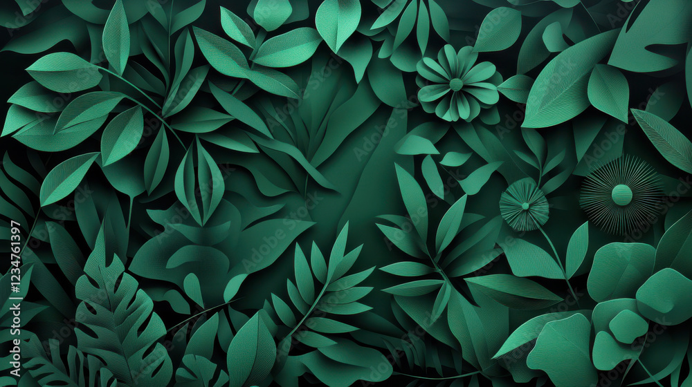 Abstract green foliage in paper cut style, creating serene atmosphere Abstract green foliage in paper cut style, creating serene atmosphere