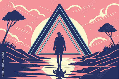  Silhouette of a person walking, giant neon triangle portal, surreal landscape, reflective water surface, vibrant sunset sky, pink and blue color palette, dreamy atmosphere, sci-fi aesthetic, synthw