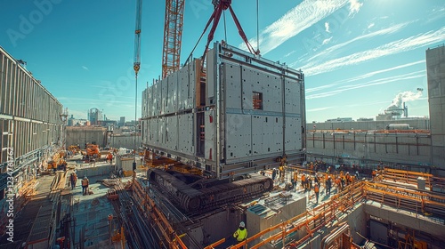 Crane lifting prefabricated module at urban construction site photo