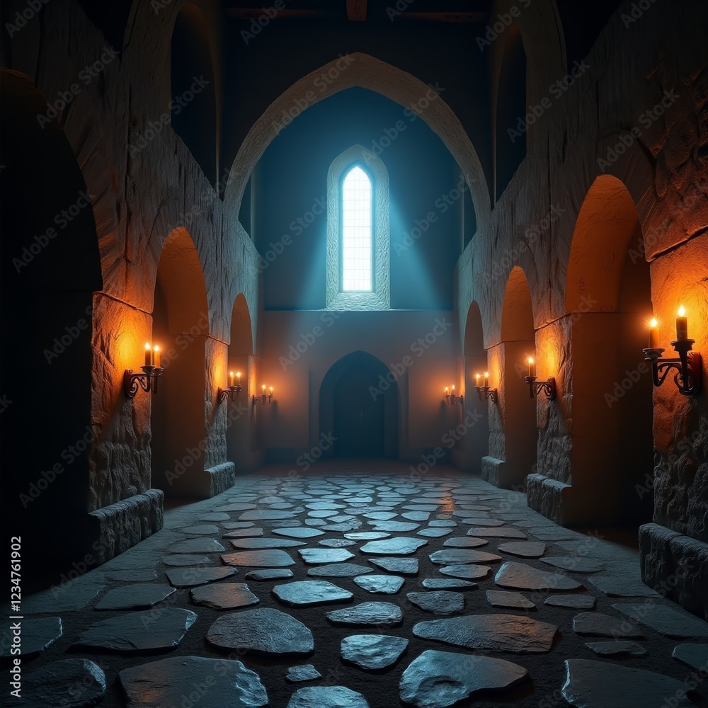 Fototapeta premium A dimly lit, stone-walled corridor with a tall window and candles on the walls