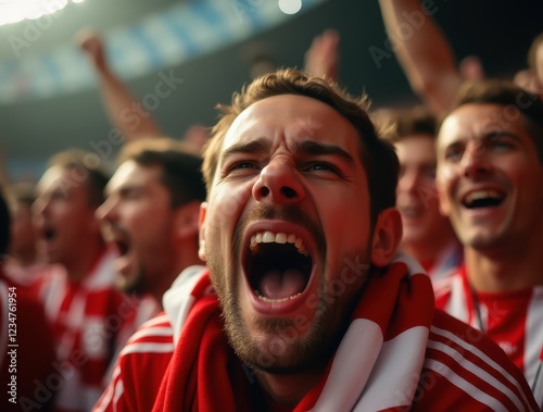 Excited football fan screaming, celebrating goal in crowded stadium