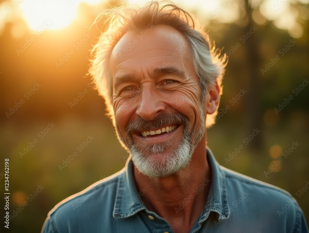 Portrait of smiling mature farmer enjoying sunlight in nature at sunset