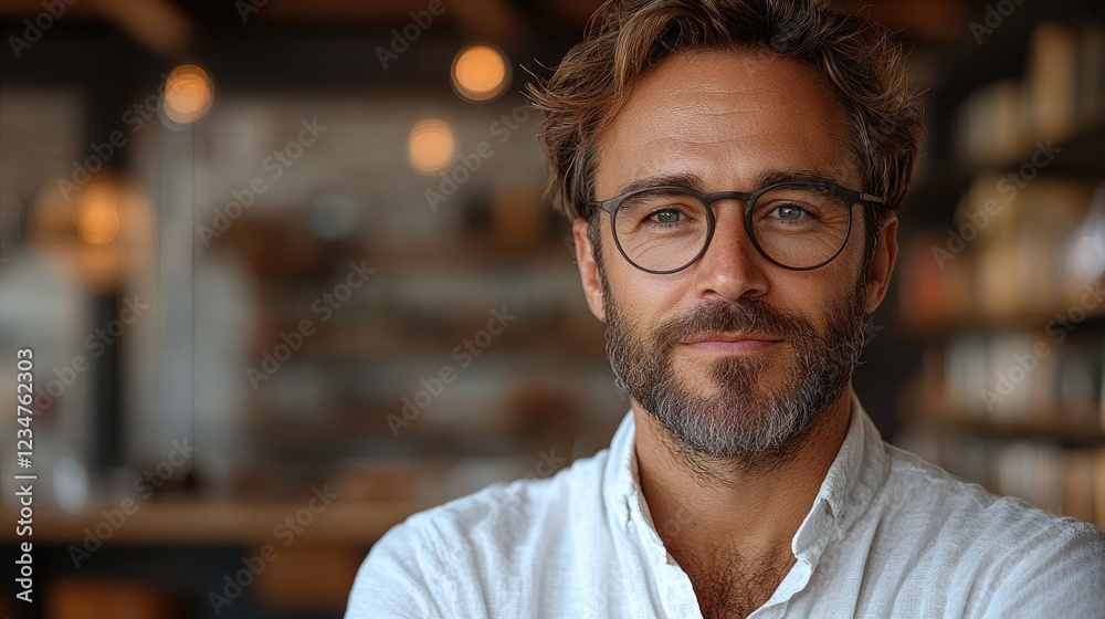 Fototapeta premium Close up portrait of man with beard and glasses, in a blurred background
