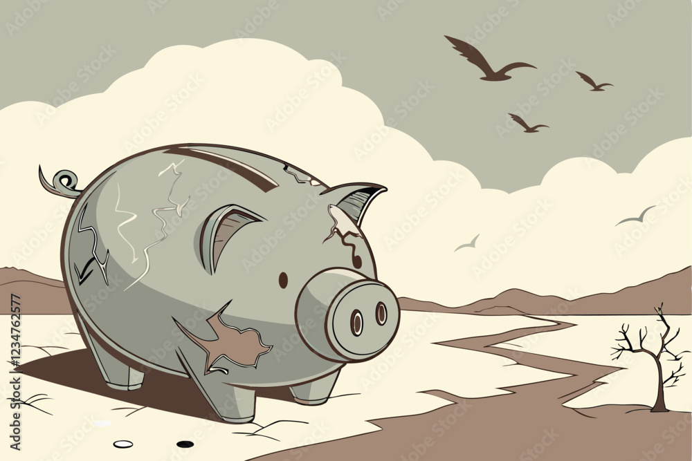  Surreal giant piggy bank, weathered metallic texture, peeling paint, rusty patina, desert landscape, dramatic cloudy sky, flying birds, photorealistic rendering, cinematic lighting, wide-angle pers