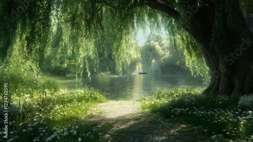 Tranquil river under willow tree with gentle breeze and dappled sunlight