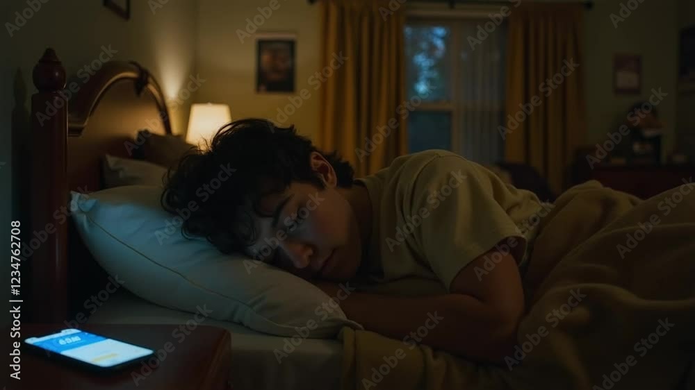Teenager sleeping in bed while a notification appears on his smartphone