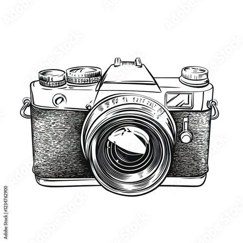 Hand drawn retro camera vector illustration, white background, simple line art