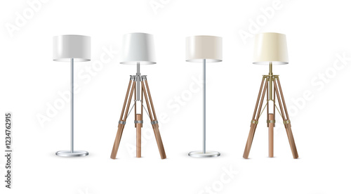 Lamp Set Closeup Isolated on White Background. Floor Lamps. Electric Torchere for Interior Design, Energy Furniture. Vector