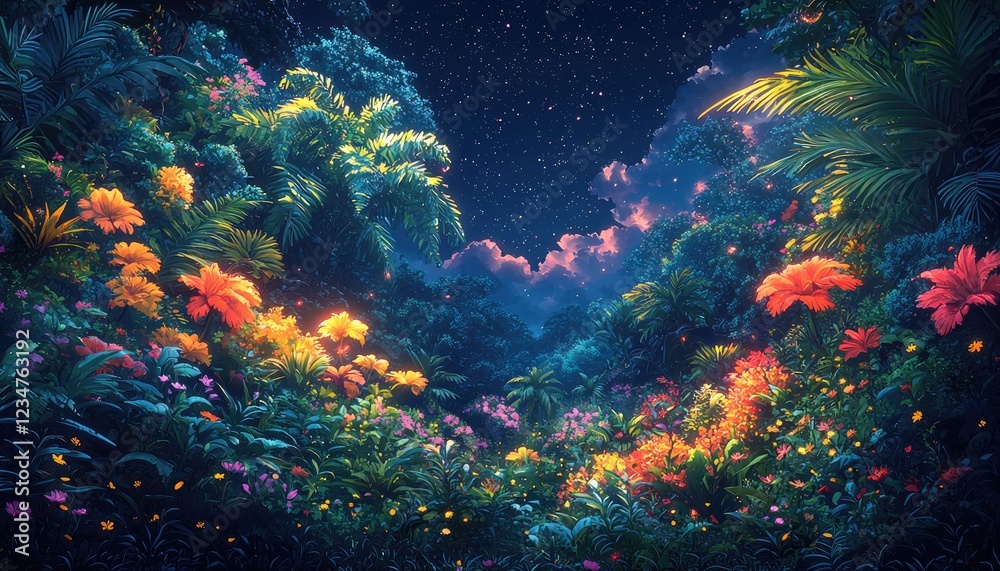 Fototapeta premium Luminous Tropical Garden Underneath A Starry Night Sky