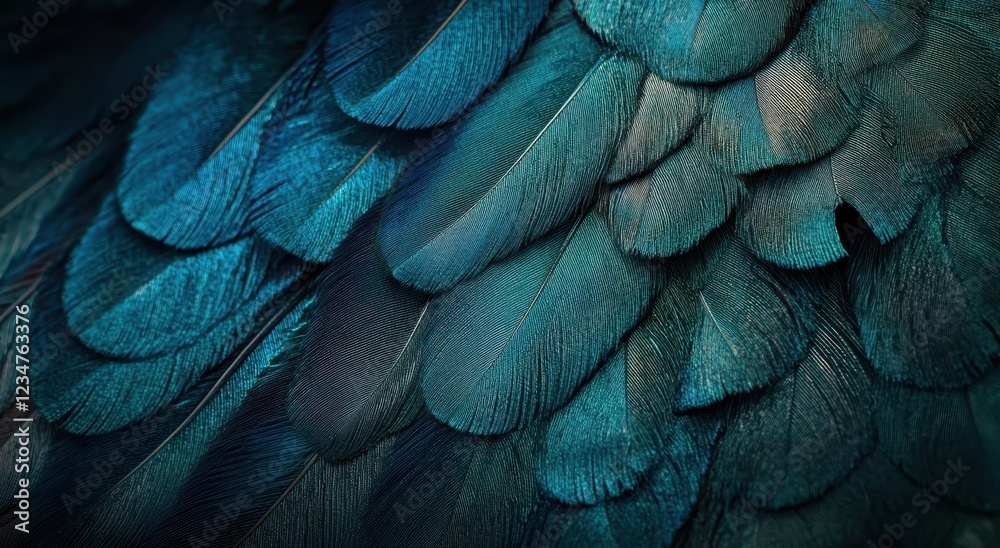 A close-up view of iridescent blue feathers, showcasing intricate textures and patterns in varying shades of turquoise and green. A close-up view of iridescent blue feathers, showcasing intricate textures and patterns in varying shades of turquoise and green.