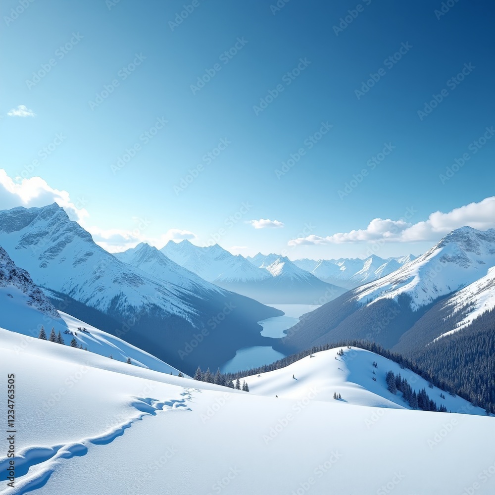 Obraz premium A serene snowy mountain landscape with a tranquil lake and majestic peaks