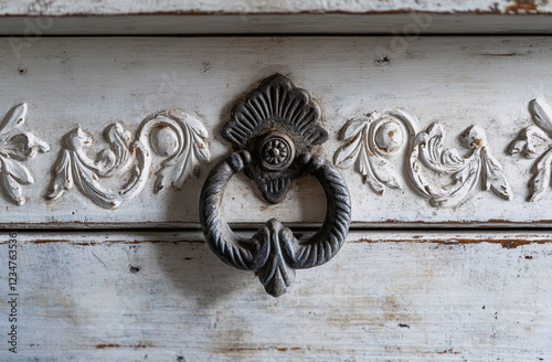 Close-up of an old wooden door handle with floral details on white painted wood. A charming vintage element for historical interiors, home styling, and retro decor inspiration.

 photo