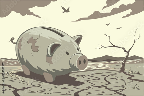  Surreal giant piggy bank, weathered metallic texture, peeling paint, rusty patina, desert landscape, dramatic cloudy sky, flying birds, photorealistic rendering, cinematic lighting, wide-angle pers