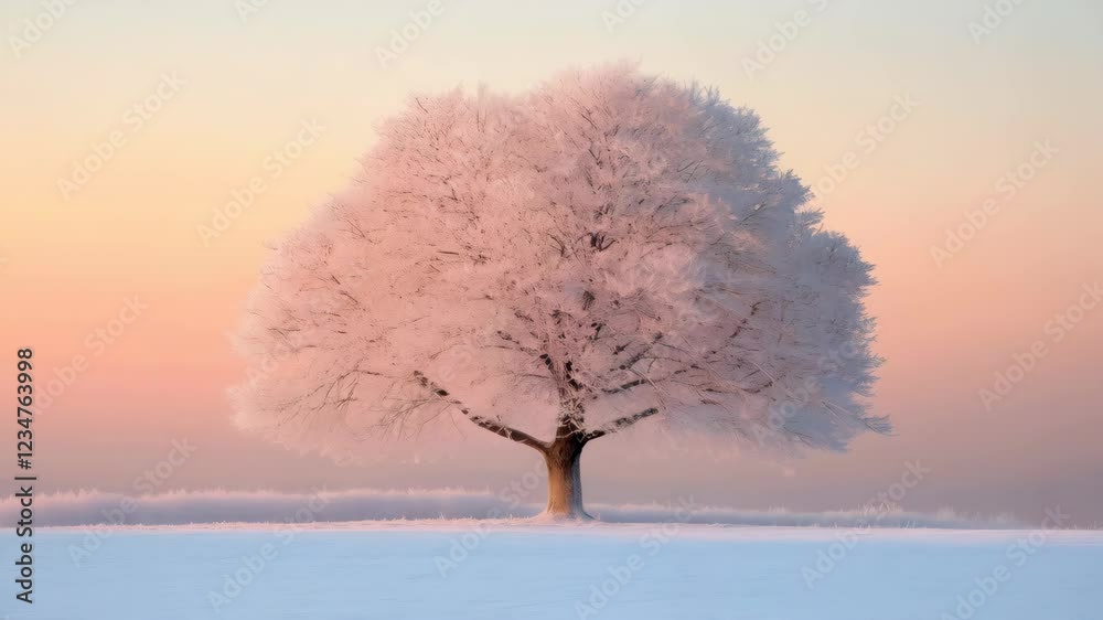 Lone frostcovered tree in pastel sunset transitioning from dawn to dusk Lone frostcovered tree in pastel sunset transitioning from dawn to dusk