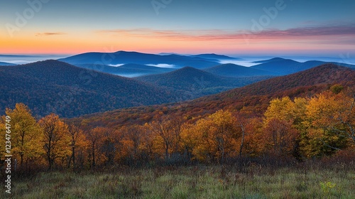 Autumn sunrise over Appalachian mountain range, fog-filled valley, vibrant foliage, scenic travel postcard