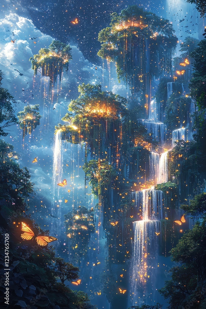 Fototapeta premium Enchanted Floating Islands Waterfall Fantasy Scene