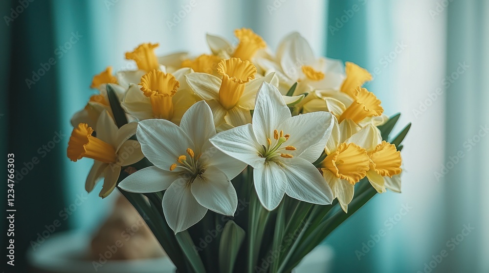 Fototapeta premium Daffodils bouquet indoors by teal curtain, gentle light