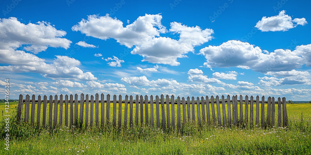 Obraz premium A rustic wooden fence stretches across a grassy meadow under a bright blue sky dotted with fluffy white clouds, evoking a sense of openness and simplicity.