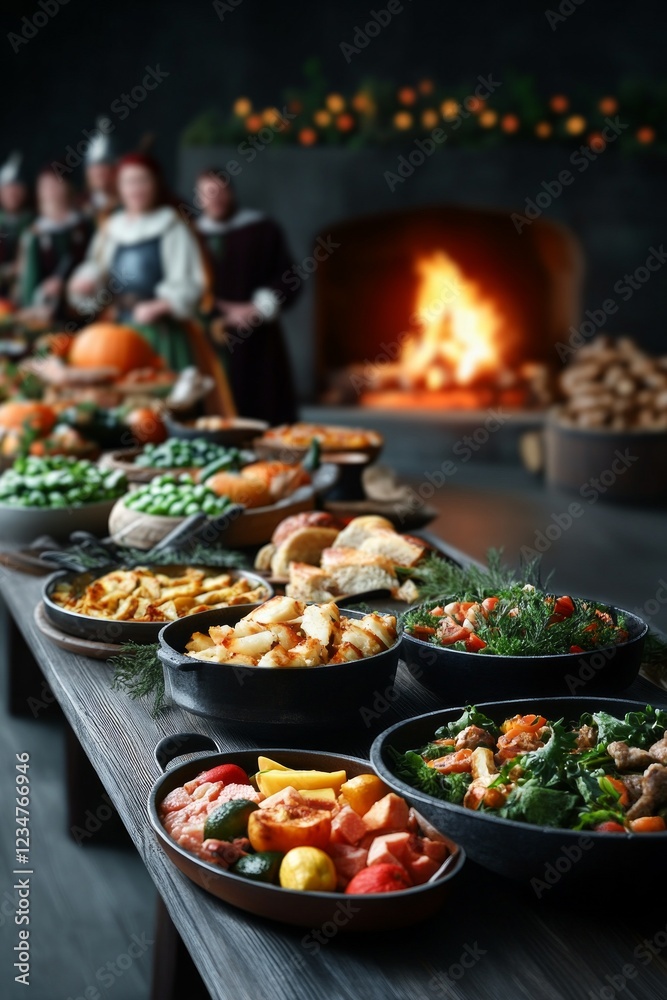 Fototapeta premium A bountiful feast spread before a roaring fire, enjoyed by medieval-style figures.