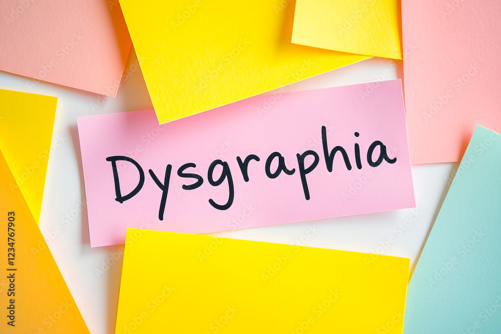 Flat lay of colorful notes with text Dysgraphia on pink note Flat lay of colorful notes with text Dysgraphia on pink note