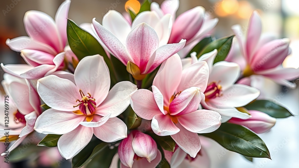 Obraz premium Beautiful Magnolia Arrangement Greeting Card Design, Hand Drawn Style, Bright Colors
