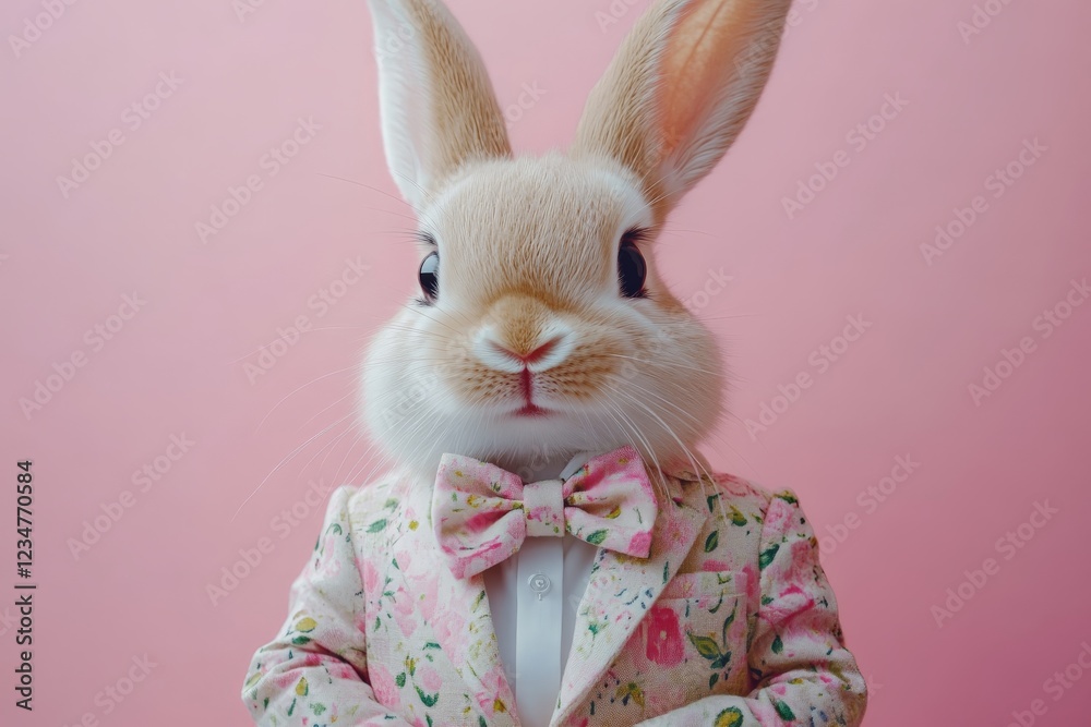 Obraz premium Rabbit dressed in a floral suit and bow tie against a pink background ready for a special event