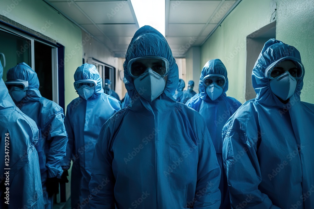 Healthcare Workers in Full Protective Gear in a Hospital Corridor During Pandemic Response Healthcare Workers in Full Protective Gear in a Hospital Corridor During Pandemic Response