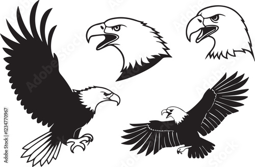 A variant style of bald eagle silhouette vector, flying bird head silhouette, flat birds icon illustration design, isolated on a white background.