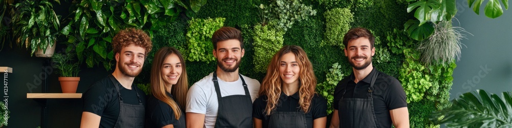 Fototapeta premium Team of young entrepreneurs posing in front of a vibrant green wall.