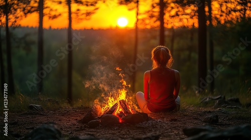 Peaceful Woman Sitting by a Campfire in the Forest at Sunset photo