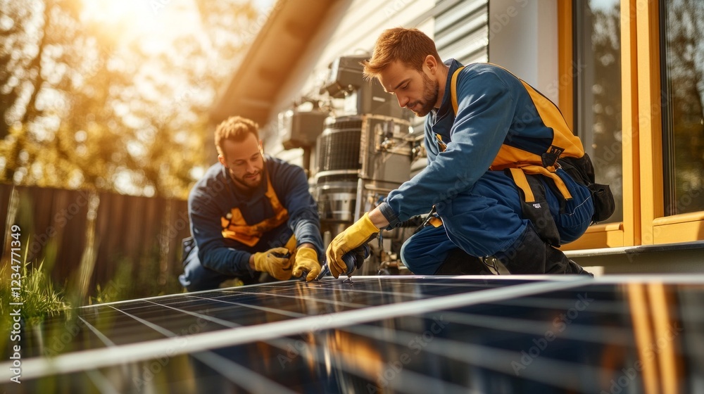 Technicians installing solar panels on a sunny day. Technicians installing solar panels on a sunny day.