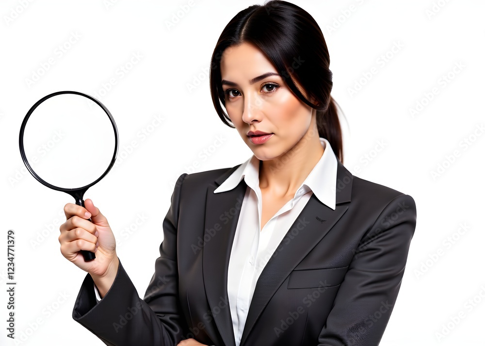 Businesswoman examining through magnifying glass on white background. Businesswoman examining through magnifying glass on white background.