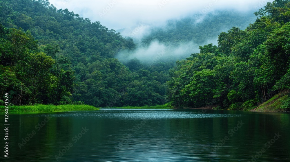 A tranquil lake surrounded by lush green mountains and misty clouds A tranquil lake surrounded by lush green mountains and misty clouds