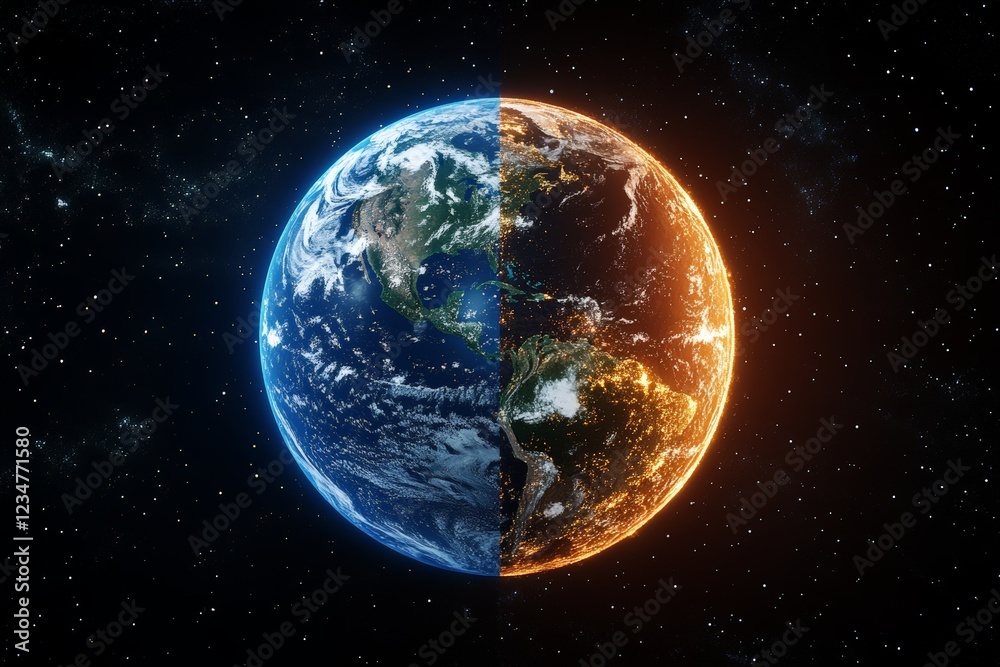 Earth depicted in contrasting environments representing life and destruction with vibrant blues and fiery oranges Earth depicted in contrasting environments representing life and destruction with vibrant blues and fiery oranges