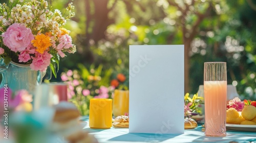 a realistic blank white menu card mockup, size is 5x7 inches in portrait orientation at an outdoor brunch table during a party with colorful pastel spring decorations