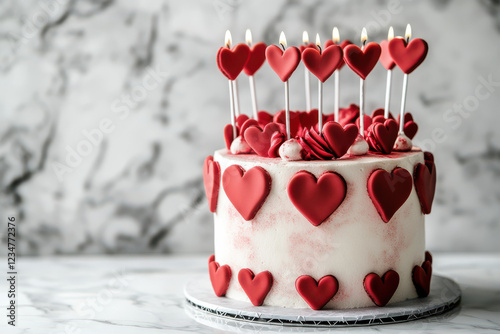 A delicious Valentine day romantic love cake decorated with hearts