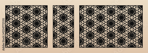 Laser cut patterns. Vector template with abstract geometric ornament in oriental style, floral grid ornament. Decorative stencil for CNC cutting of wood, metal, engraving. Aspect ratio 1:1, 1:2, 3:2