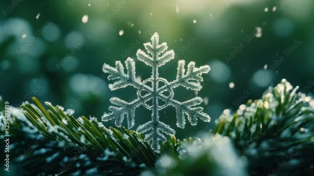 Crystal snowflake falling gently on pine needles in a winter wonderland scene Crystal snowflake falling gently on pine needles in a winter wonderland scene