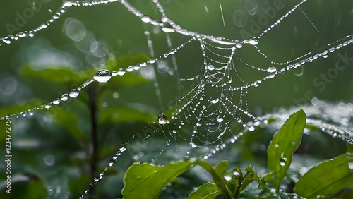 Close-up of a symmetrical spider web with jewel-like water droplets, set against green leaves and a blurred rainy backdrop photo