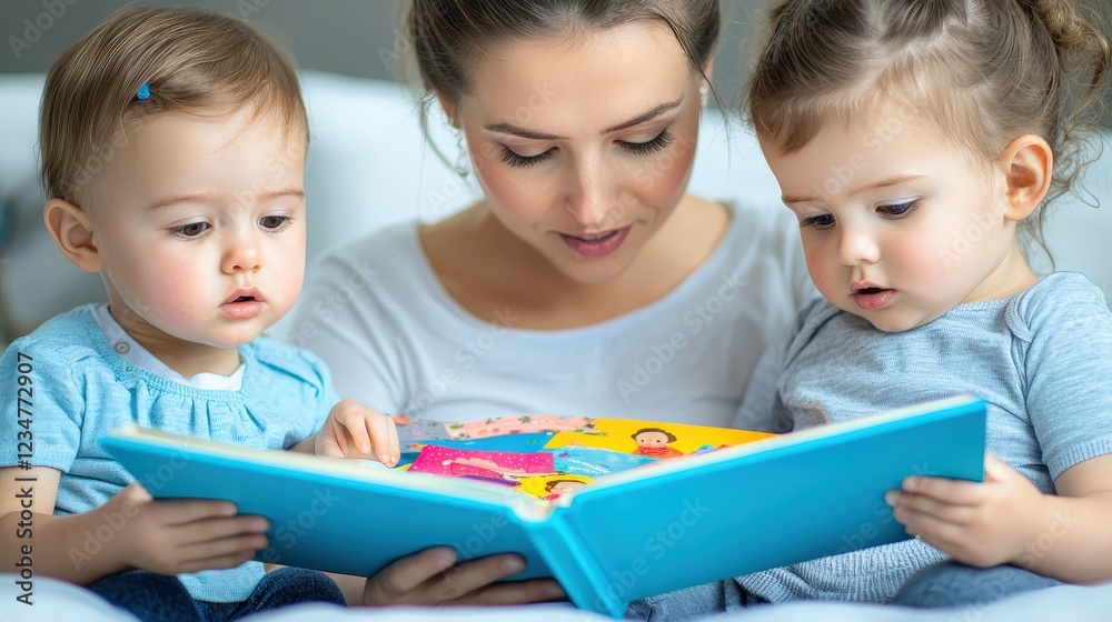 Cozy Scene of a Young Family Reading Together in a Bedroom with Two Children Engaged in a Colorful Picture Book Cozy Scene of a Young Family Reading Together in a Bedroom with Two Children Engaged in a Colorful Picture Book