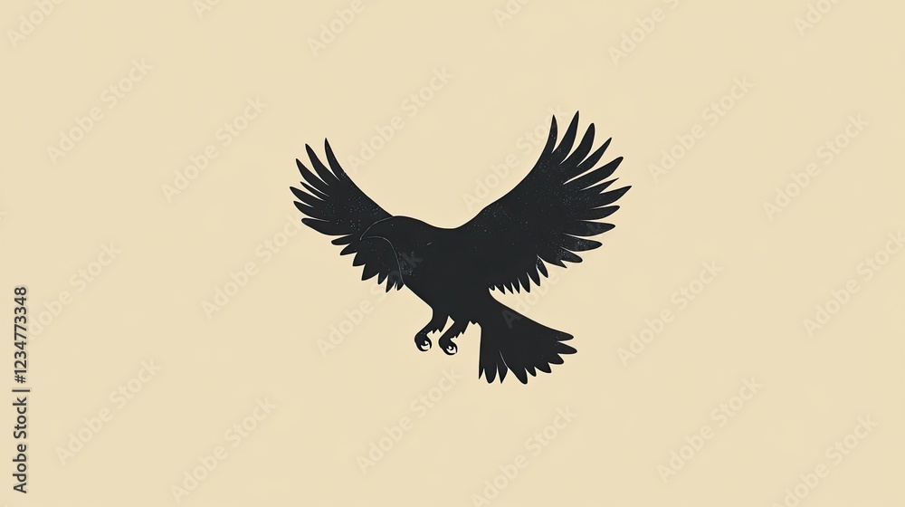 Obraz premium Silhouette of a raven in flight against a pale background, ideal for logos or branding
