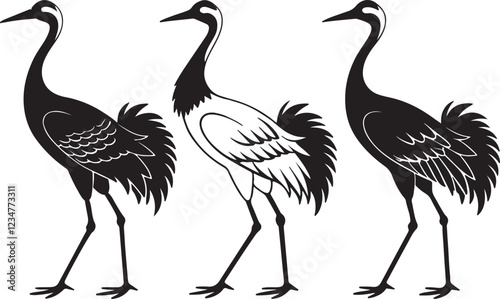 A variant style of crane silhouette vector, stand and walking silhouette, flat birds icon illustration design, isolated on a white background.