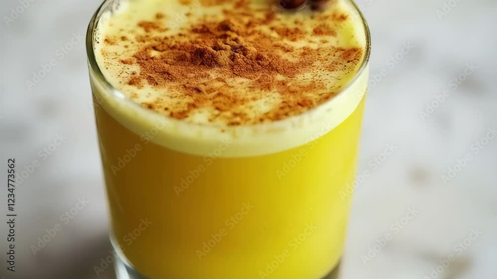 Spiced turmeric latte with cinnamon sticks on marble table closeup Spiced turmeric latte with cinnamon sticks on marble table closeup