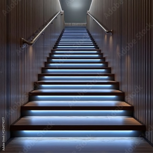 A staircase with blue lights illuminating each step