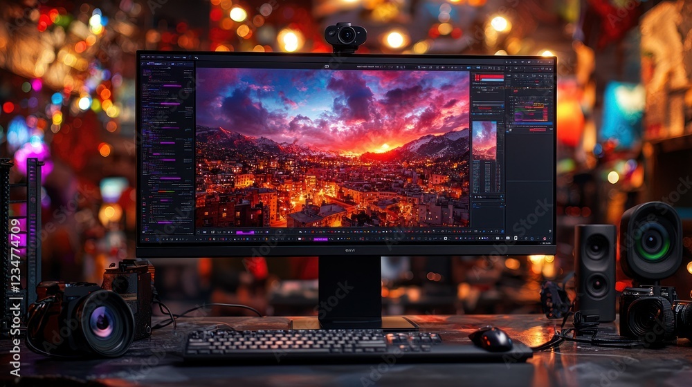 Editing cityscape sunset photo on monitor in vibrant studio Editing cityscape sunset photo on monitor in vibrant studio
