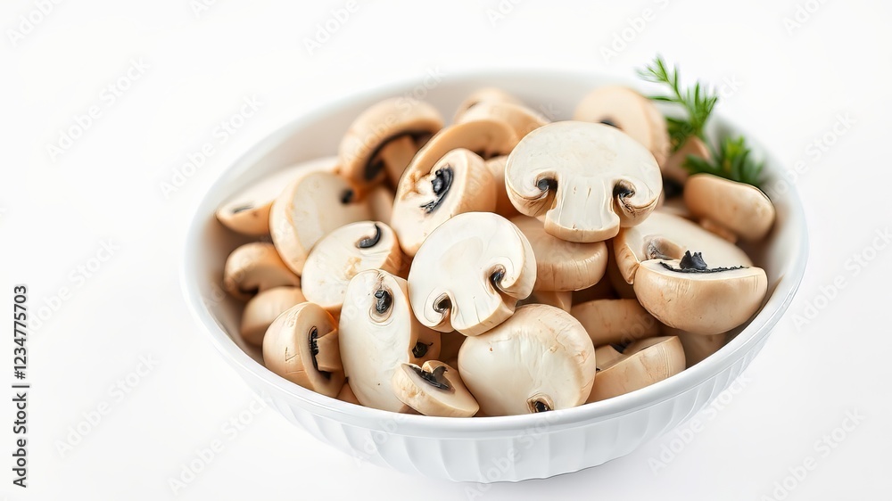 Canned Sliced Button Mushrooms in White Bowl - High-Quality Food Photography Canned Sliced Button Mushrooms in White Bowl - High-Quality Food Photography