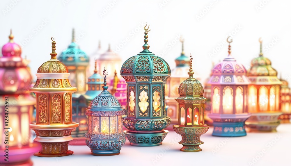 Obraz premium Festive Islamic Lanterns Illuminated for Ramadan Celebration Ornate and Colorful Designs